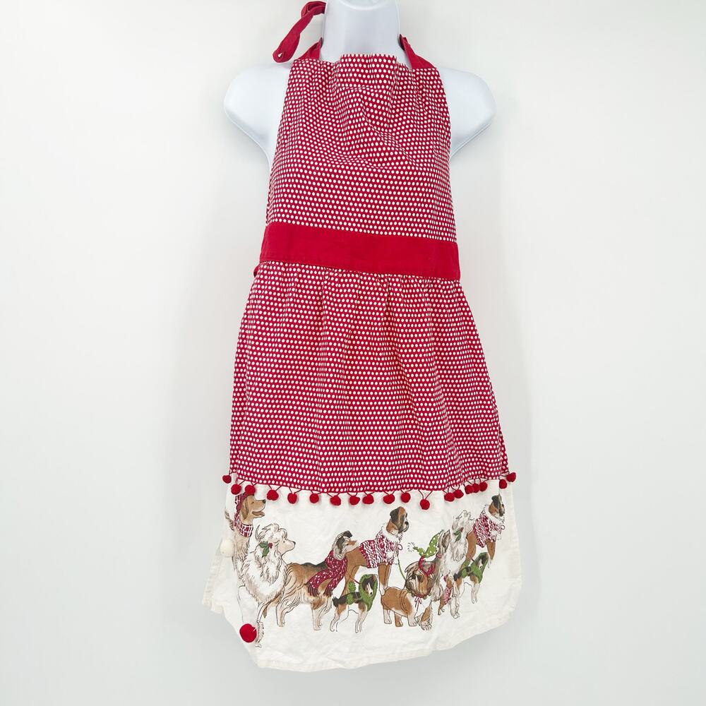 Pier 1 Imports Womens Dog Puppies Pompom Polka Dot Christmas Holiday Apron Red‎